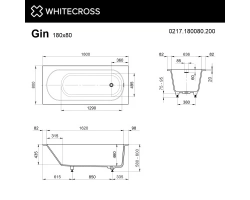 Ванна WHITECROSS Gin 180x80 (белый мат) "SMART" (золото)