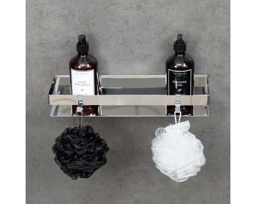 Полка для душа прямая Lemark SHELF LINE 400 мм из нерж. стали с крючками, хром (9771052)