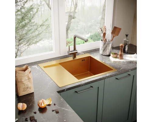 Кухонная мойка 60х50  прав. вып 3 1/2  MIXLINE PRO 20см с сифоном золото (552927)