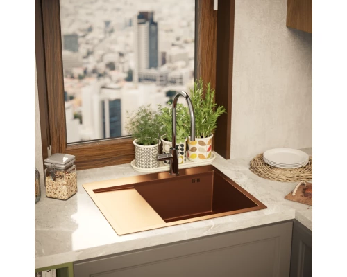 Кухонная мойка 60х50  прав. вып 3 1/2  MIXLINE PRO 20см с сифоном бронза (552928)