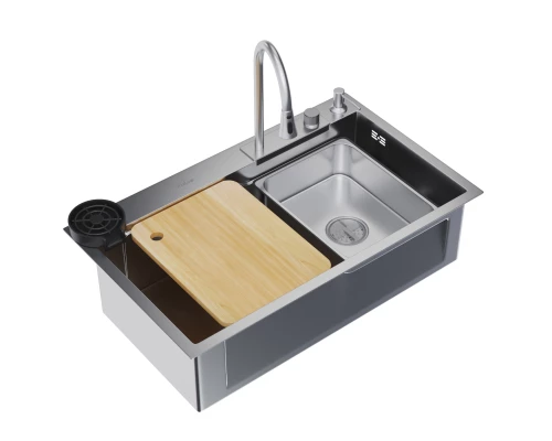 Кухонная мойка 75х46  вып 3 1/2  MIXLINE PRO 21,5см с сиф.сатин+доз+смесит+кол+д/р+о/с (552103)