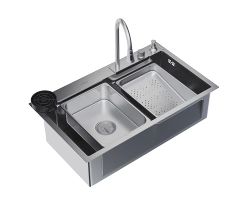 Кухонная мойка 75х46  вып 3 1/2  MIXLINE PRO 21,5см с сиф.сатин+доз+смесит+кол+д/р+о/с (552103)
