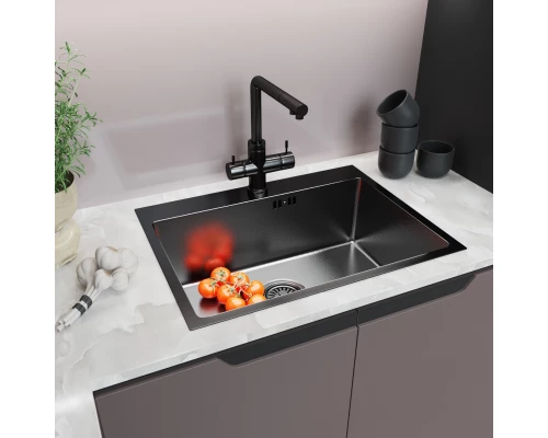 Кухонная мойка 60х45  вып 3 1/2  MIXLINE PRO 22см с сифоном черный графит НАНО (552933)