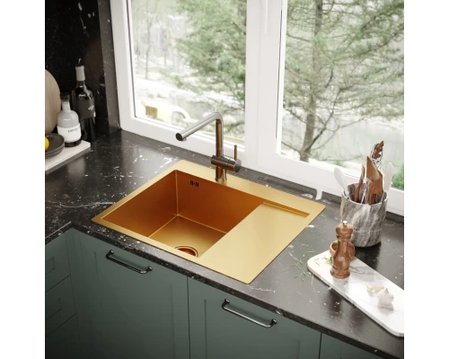 Кухонная мойка 60х50  лев. вып 3 1/2  MIXLINE PRO 20см с сифоном золото (552924)