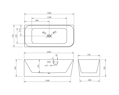 Акриловая ванна 160x75 см L Abber AB9331-1.6 L