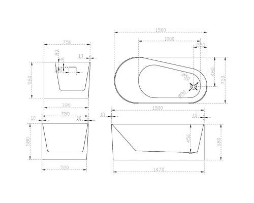 Акриловая ванна 150x75 см R Abber AB9496-1.5 R