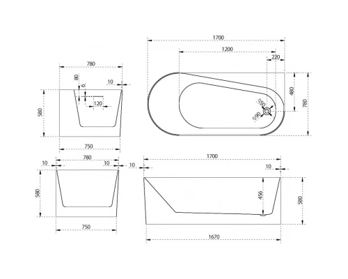 Акриловая ванна 170x78 см R Abber AB9496-1.7 R