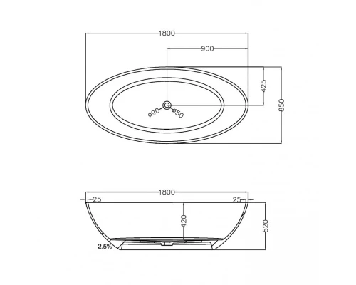 Ванна из полиэфирной смолы 180x85 см Abber Kristall AT9702Onyx