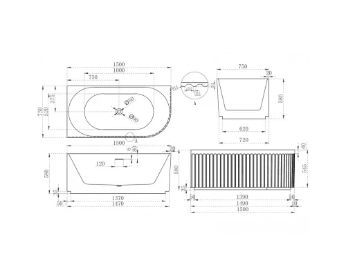Акриловая ванна 150x75 см L Abber AB9412-1.5 L