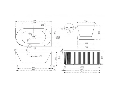 Акриловая ванна 150x75 см R Abber AB9412-1.5 R