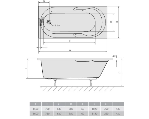 Акриловая ванна 160x75 см Alpen Mirela 40111
