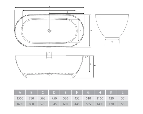Ванна из литого мрамора 169x80 см Alpen Palermo PAL-170M