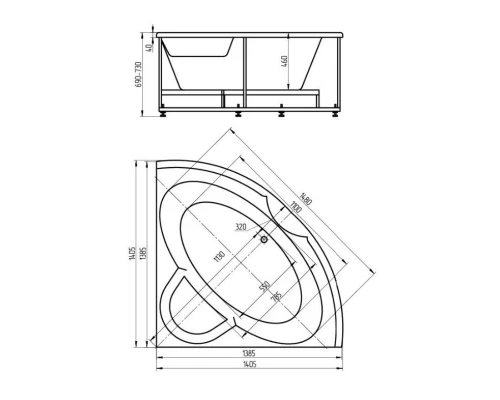 Акриловая ванна 140,5x140,5 см Aquatek Поларис 1 POL1-0000004