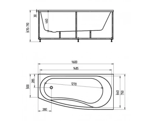 Акриловая гидромассажная ванна 160x75 см правая пневматическое управление плоские форсунки Aquatek Пандора