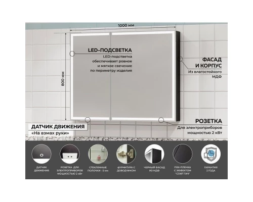 Зеркальный шкаф 100x80 см черный матовый Art&Max Techno AM-Tec-1000-800-2D-F-Nero