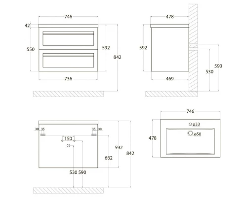 Тумба Grigio Matt 73,6 см Art&Max Platino AM-Platino-750-2C-SO-GM