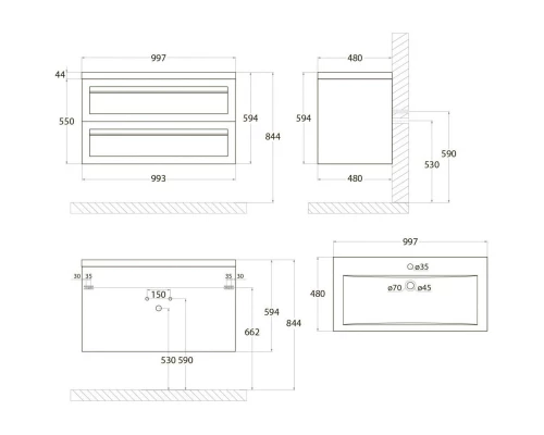 Тумба Grigio Matt 99,3 см Art&Max Platino AM-Platino-1000-2C-SO-GM