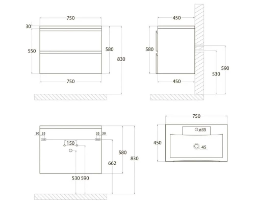 Тумба Grigio Matt 75 см Art&Max Bianchi AM-Bianchi-750-2C-SO-GM