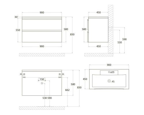 Тумба Grigio Matt 90 см Art&Max Bianchi AM-Bianchi-900-2C-SO-GM