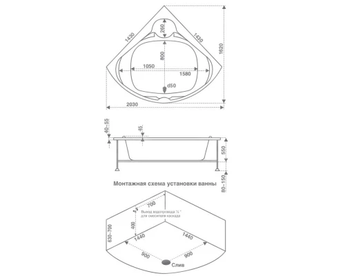 Акриловая ванна 143x143 см Bas Хатива B00042