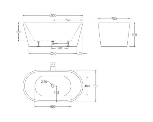 Акриловая ванна 150x75 см BelBagno BB71-1500-W0