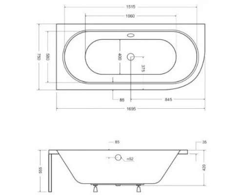Акриловая ванна 169,5x75 см L Besco Avita WAV-170-NL