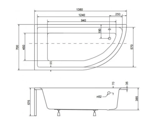 Акриловая ванна 138x70 см L Besco Praktika WAP-140-NL