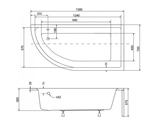 Акриловая ванна 138x70 см R Besco Praktika WAP-140-NP