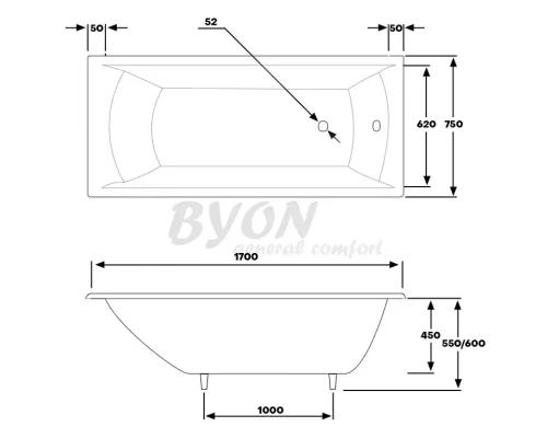 Чугунная ванна 170x75 см без ручек Byon Milan V0000083