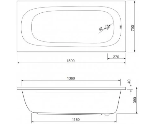 Акриловая ванна 150x70 см Cezares Piave PIAVE-150-70-42-W37