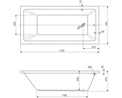 Акриловая ванна 170x70 см Cezares Plane solo PLANE SOLO-170-70-45-W37
