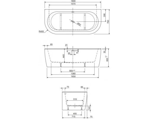 Акриловая ванна 180x79 см Cezares Slim SLIM WALL-180-80-60-NERO-SET