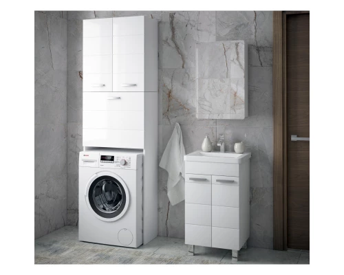 Пенал напольный для стиральной машины белый глянец/белый матовый с бельевой корзиной Corozo Денвер SP-00000562