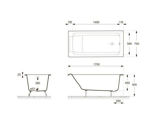 Чугунная ванна 170x70 см Delice Palomba DLR230620R-AS