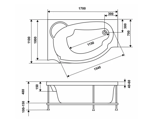 Акриловая ванна 170x110 см R Eurolux Alexandria E2017011004R