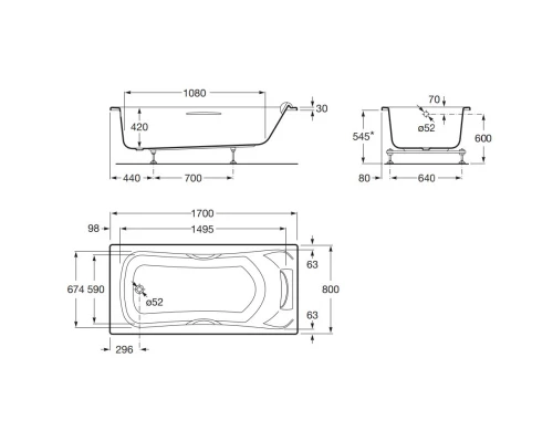 Акриловая ванна 170x80 см с отверстиями для ручек Roca BeCool ZRU9302852