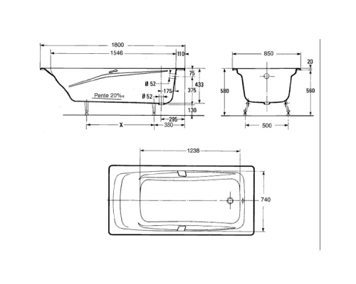Чугунная ванна 180x85 см с ручками Castalia Emma H0000187