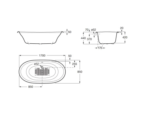 Чугунная ванна 170x85 см с противоскользящим покрытием Roca Newcast Black 233650002
