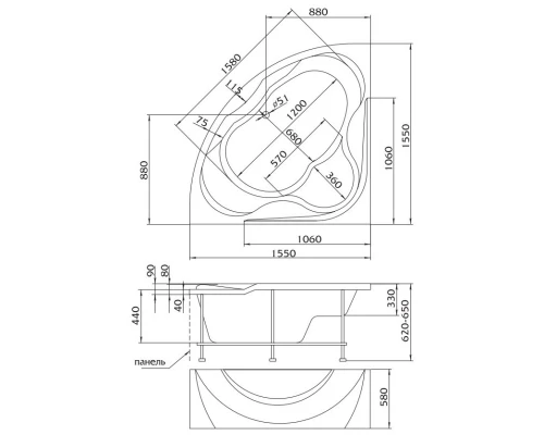 Акриловая ванна 155x155 см 1Marka Luxe 01лю1515