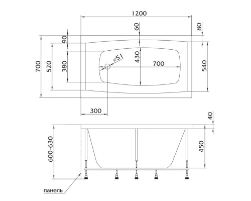 Акриловая ванна 120x70 см Marka One Viola 01ви1270