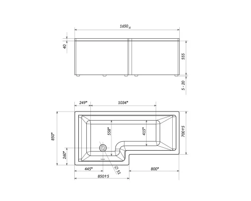 Акриловая ванна 165x85 см L Marka One linea 01лин16585л