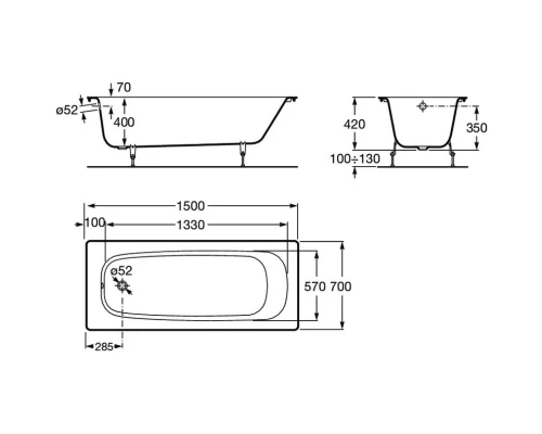 Чугунная ванна 150x70 см без противоскользящего покрытия Roca Continental 21290300R
