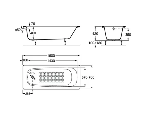 Чугунная ванна 160x70 см с противоскользящим покрытием Roca Continental 21291200R