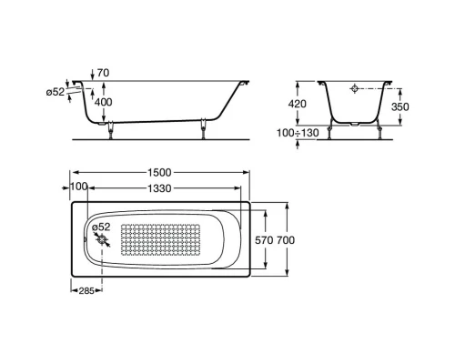 Чугунная ванна 150x70 см с противоскользящим покрытием Roca Continental 21291300R