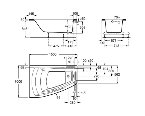 Акриловая ванна 150x100 см левая Roca Hall Angular ZRU9302864