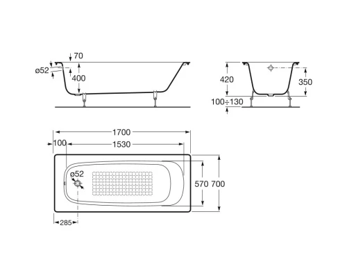 Чугунная ванна 170x70 см с противоскользящим покрытием Roca Continental 21291100R