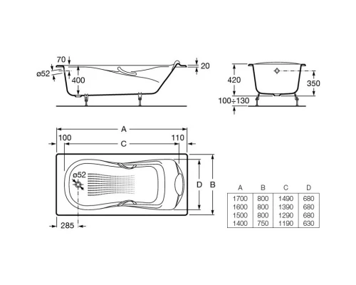 Чугунная ванна 150x80 см с противоскользящим покрытием Roca Haiti SET/2332G000R/526804210/150412330