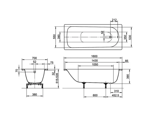 Стальная ванна 160x70 см Kaldewei Eurowa 311-1 Standard