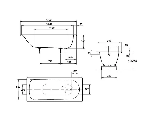 Стальная ванна 170x70 см Kaldewei Eurowa 312-1 Standard