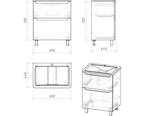 Тумба с раковиной белый глянец 70 см Grossman Адель 107005 + 4627173210232